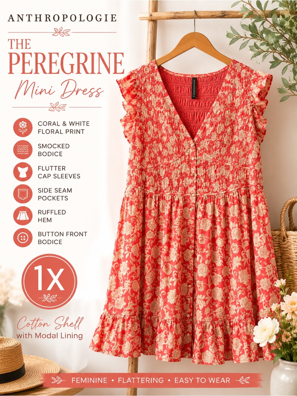Anthropologie The Peregrine Mini Dress 1X Coral Floral Smocked Cotton Ruffle